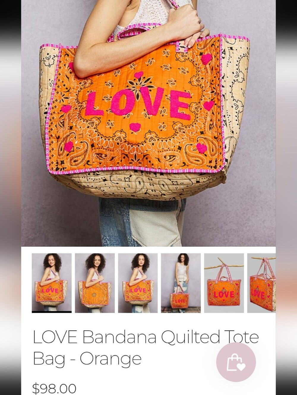 POL LOVE Bandana Quilted Tote Bag Textured Print In Orange/Pink Large NWT $98 - Picture 14 of 15